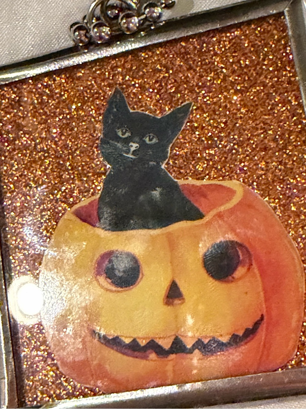 Halloween Pumpkin & Black Cat Pendant Necklace - Orange Glitter